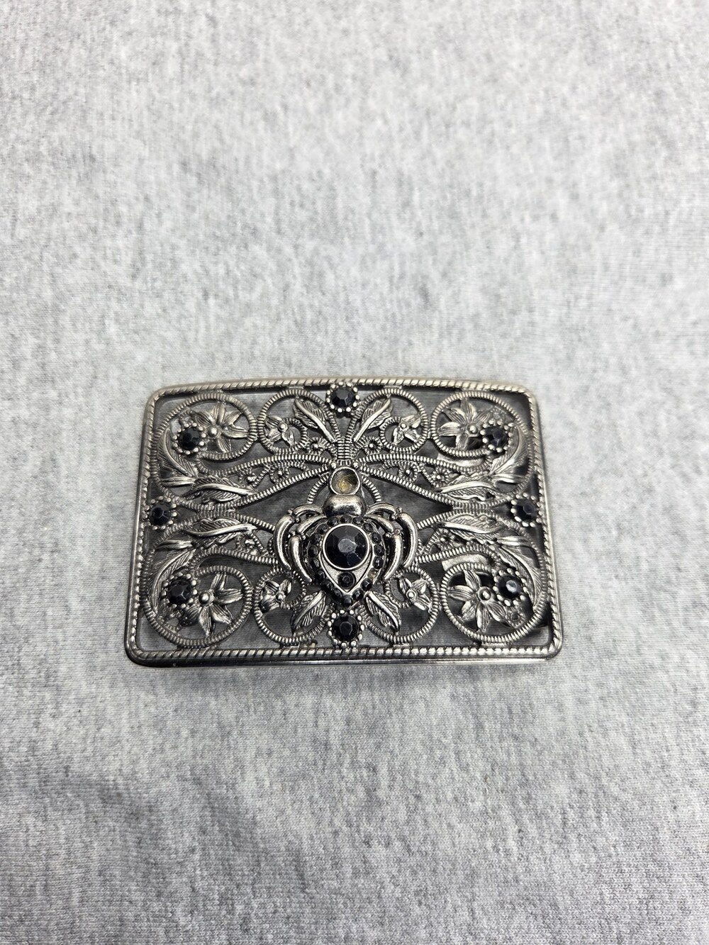 Victorian Style Silver Filigree Belt Buckle Black Rhinestone Flower Two Piece